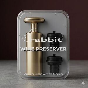 NEW Rabbit Wine Preserver Vacuum Pump Set Gold/Black Includes 2 Stoppers